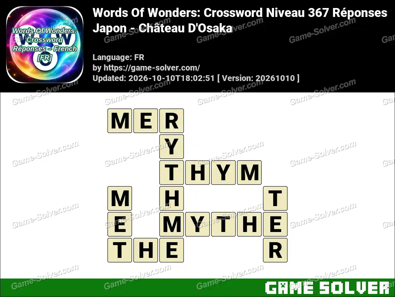 Words Of Wonders: Crossword Niveau 367 Réponses – Japon – Château D’Osaka